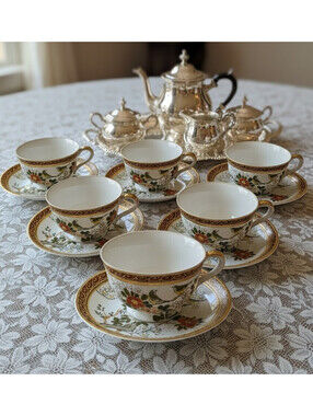 Vintage Japanese Lithophane Geisha Tea Set – 6 Hand Painted Bird & Floral Teacup
